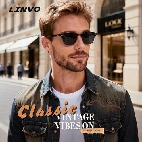 LINVO Polarized Semi Rimless Sunglasses for Men Women, Mens Sunglasses Classic Retro Shades Half Frame Driving Sun Glasses UV Protection 2