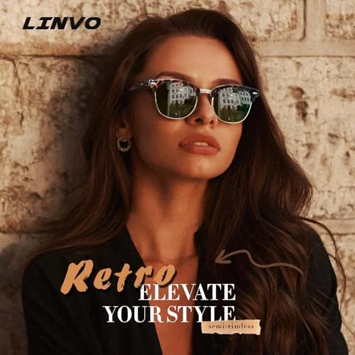 LINVO Polarized Semi Rimless Sunglasses for Men Women, Mens Sunglasses Classic Retro Shades Half Frame Driving Sun Glasses UV Protection 3
